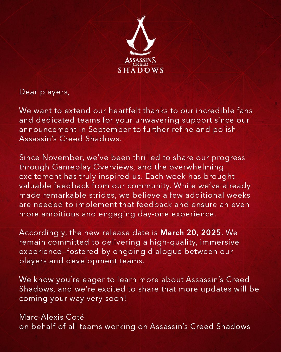 Assassin's Creed Shadows Delay Note Image